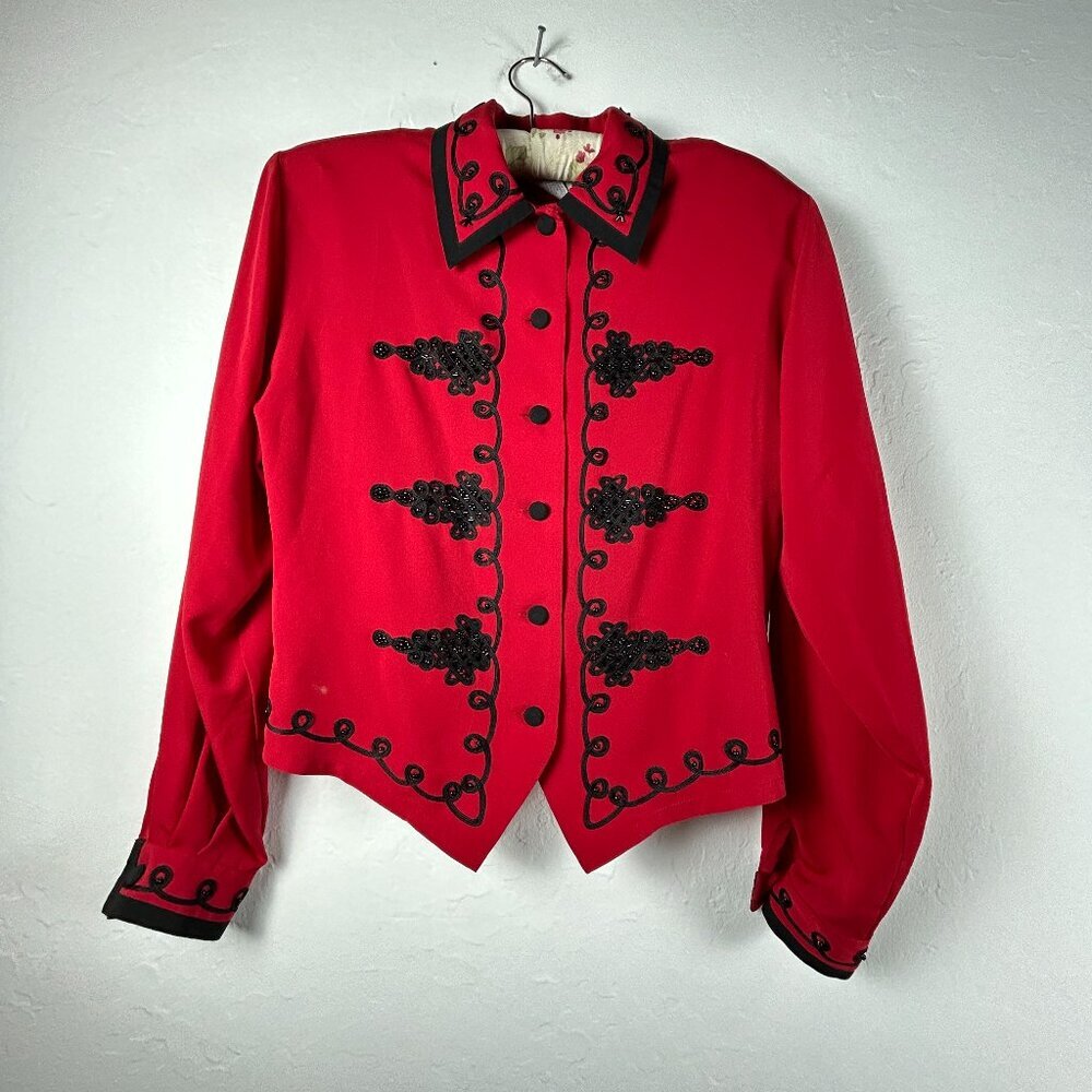Vintage Tess Womens Red Black Embroidered Blouse 10 Long Sleeve Beaded